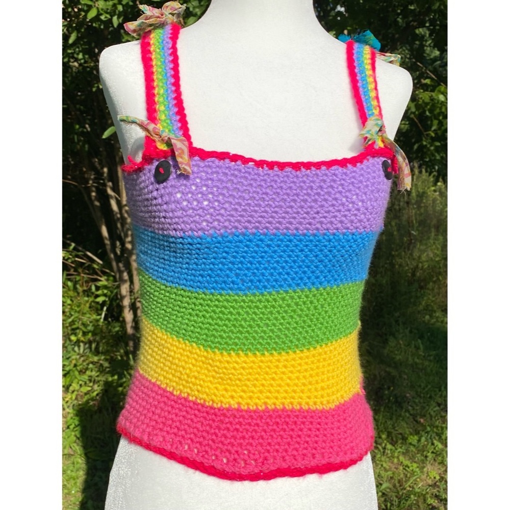 ✨🌈💫Handmade Crochet Rainbow Tank Top with bows and buttons